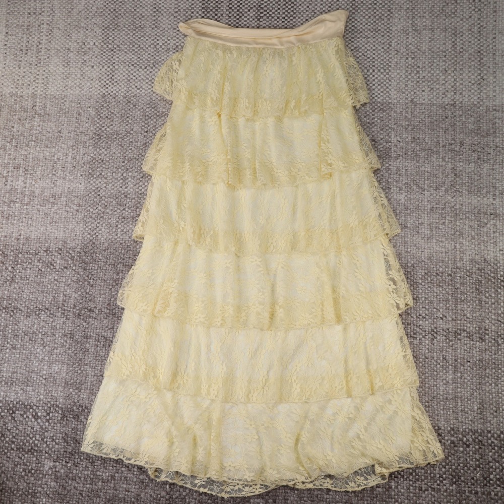 Lady Noiz Pale Yellow Tiered Floral Lace Maxi Skirt Boho Fairycore Medium CH374